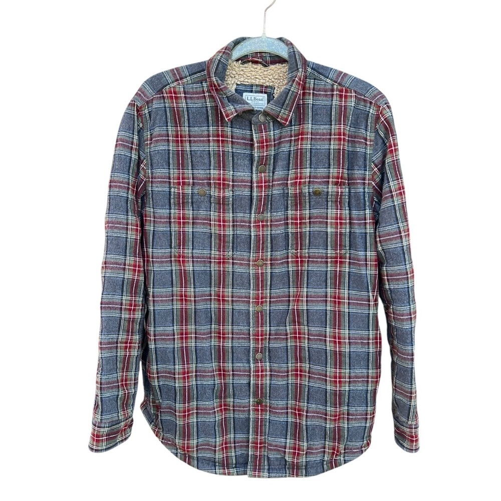 LL Bean Red Gray Scotch Plaid Sherpa Lined Flannel Shacket Slightly Fitted Med